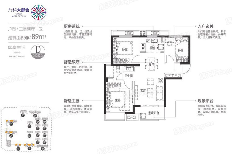 E11地块D户型 3室2厅1卫1厨 建筑面积：89.00㎡